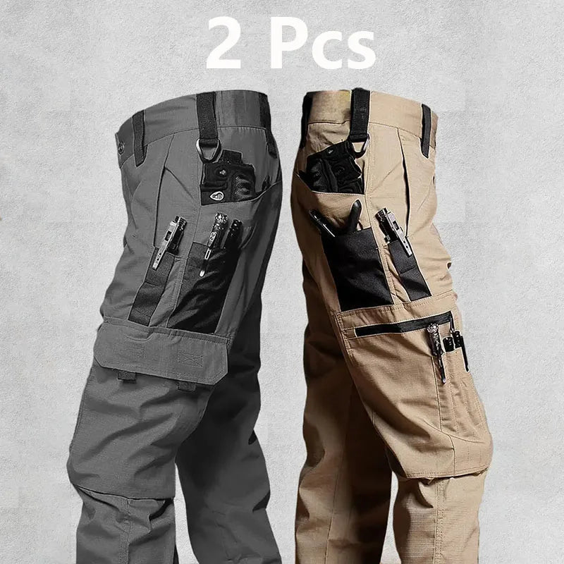 2Pcs Men's Tactical Pants Outdoor Work Casual Cargo Trousers Waterproof Multi Pocket Wear Resistant Training Trousers