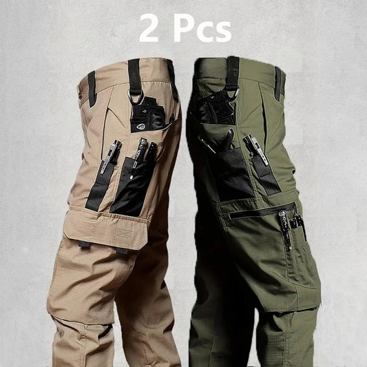 2Pcs Men's Tactical Pants Outdoor Work Casual Cargo Trousers Waterproof Multi Pocket Wear Resistant Training Trousers
