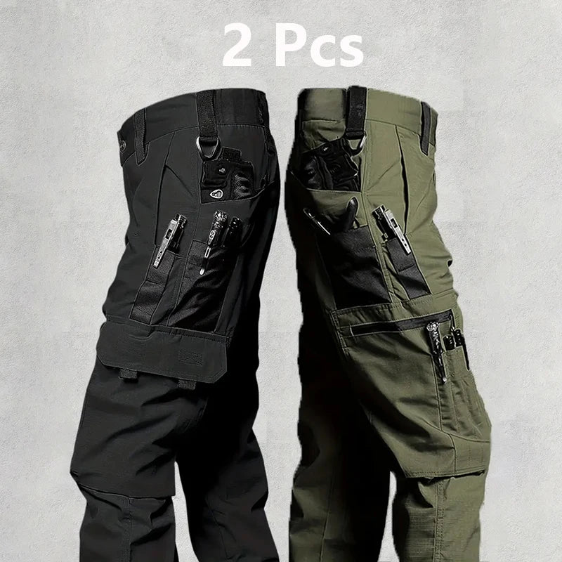 2Pcs Men's Tactical Pants Outdoor Work Casual Cargo Trousers Waterproof Multi Pocket Wear Resistant Training Trousers