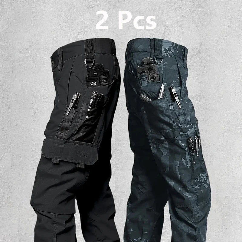 2Pcs Men's Tactical Pants Outdoor Work Casual Cargo Trousers Waterproof Multi Pocket Wear Resistant Training Trousers