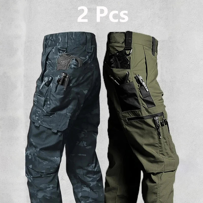 2Pcs Men's Tactical Pants Outdoor Work Casual Cargo Trousers Waterproof Multi Pocket Wear Resistant Training Trousers