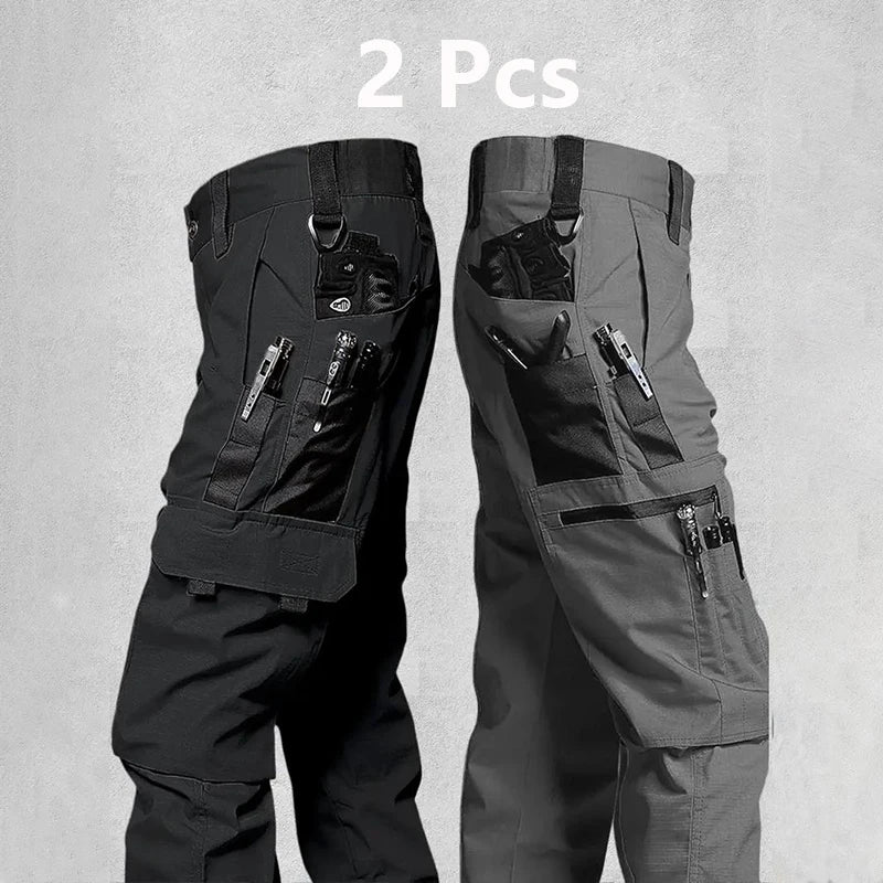 2Pcs Men's Tactical Pants Outdoor Work Casual Cargo Trousers Waterproof Multi Pocket Wear Resistant Training Trousers